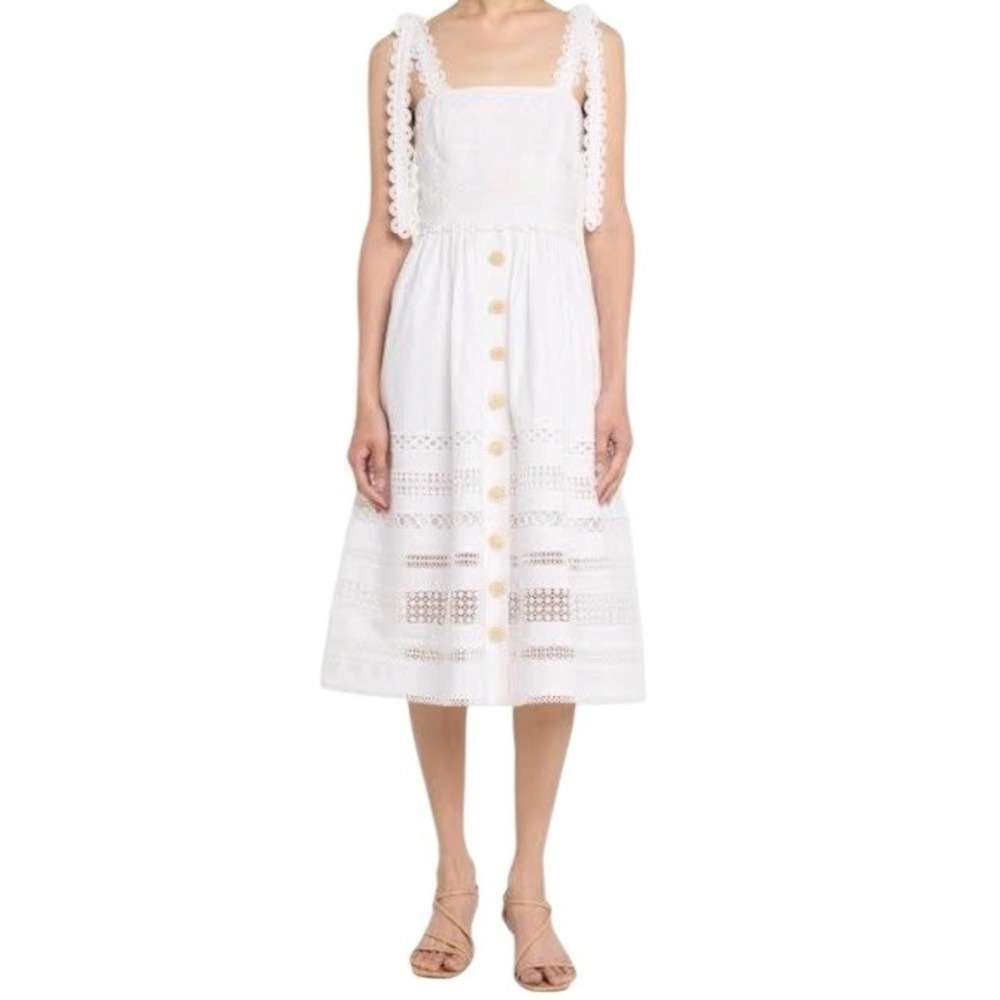 Cara Cara Nidhi Poplin Lace Midi Dress Tie Shoulder Womens Small White